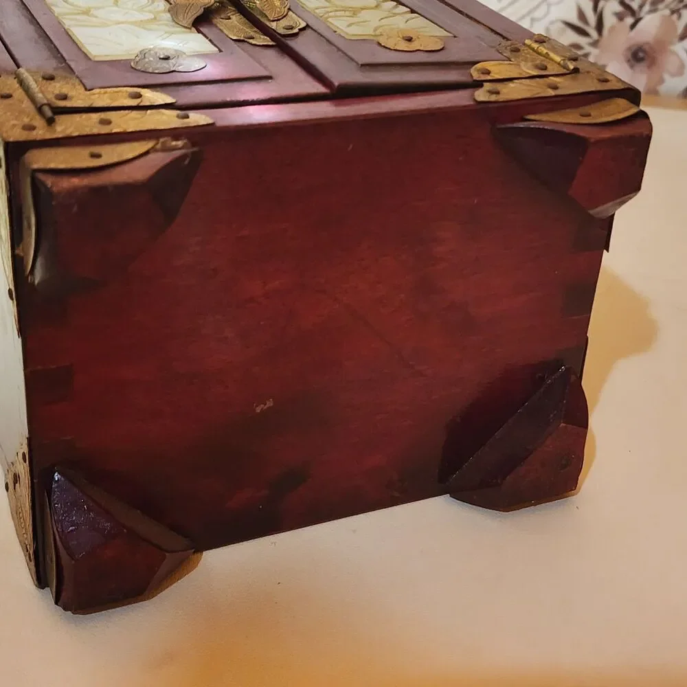 Vintage Chinese Musical Jewelry Box Brass Inlay 3 Drawer Wood Cabinet Memories